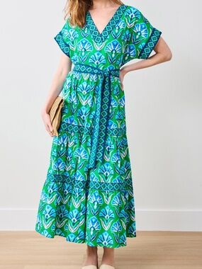 Printfresh Harbour Dress Large Green Geo Floral Organic Cotton Belted NWT